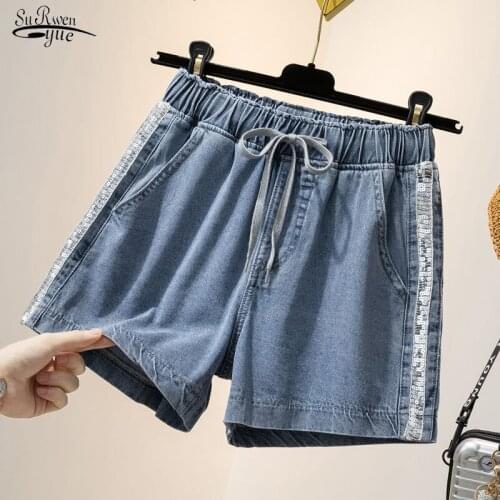 2021 Casual Summer Elastic Shorts Women Plus Size High Waist Denim Shorts Women Polyester Loose Chic Korean Pocket 9743