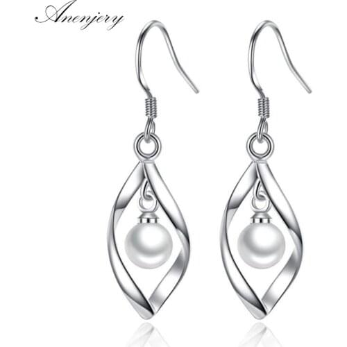 ANENJERY 925 Sterling Silver Geometric Twist Pearl Drop Earrings For Women Gif Boucle d'oreille oorbellen S-E310