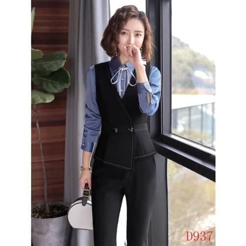 Formal Ladies Vest & Waistcoat Women Business Suits with Pant and Top Sets Pantsuits Office Uniform Designs Styles Black