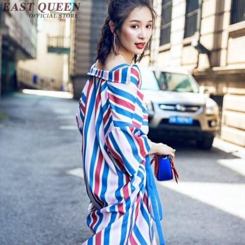 Latest fashion blue striped dress short sleeve casual loose long shirt dress keen length women blouses summer 2018 NN0625 YQ