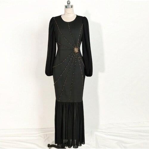 Handmade Embroidered Crystal Maxi Dress Women Muslim Gorgeous Black Bishop Sleeve Stretchy Morocco Party Gown Eid Clothing Islam