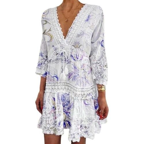 2021 New Women Dress Floral Print Crochet Patchwork Summer 3/4 Sleeve V Neck Lace-up Dress Beachwear
