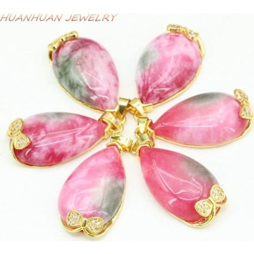 Gold-Color Water Drop Stone Pendant Natural Jades Chalcedony Stainless Steel Chain Necklace & Pendants For Women 16x30mm B3337