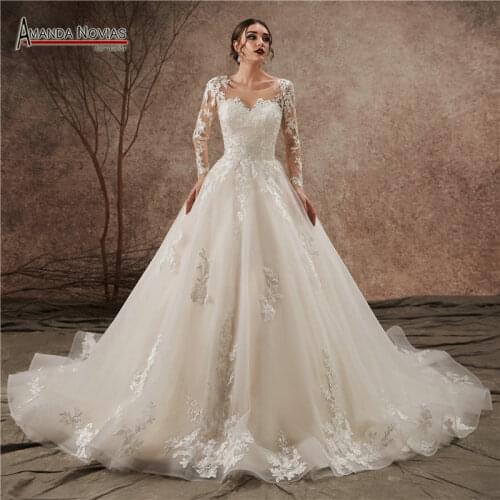2022 New Model Long See Lace Appliques Wedding Dress