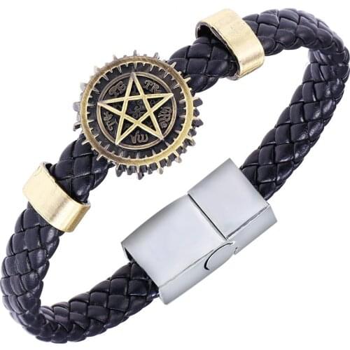 Black Butler Punk Jewelry Black Leather Bracelet Stainless Steel Magnetic Clasp Anime Magic Circle Star Bangles Wrap Bracelet