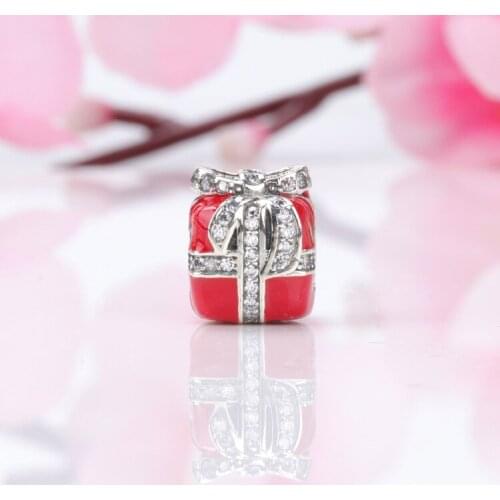 DoDoFly Genuine 925 sterling silver Red christmas gift box beads fit original bracelet DIY Jewelry