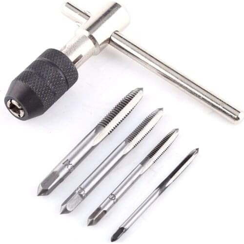 HS Tools 5Pcs/set T Handle Tap Wrench Ratchet Spanner with M3-M6 Screw Taps Thread Metric Plugs Machinist Hand Tools Tap