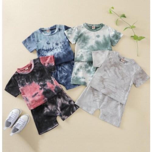 2Pcs Set Toddler Summer Outfit Unisex Tie Dying Short Sleeves T-Shirt Elastic-Waist Shorts Boys Cool Clothes Set