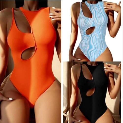Summer Cool Sexy Swimsuit Women Neon Solid Orange High-Neck Bikini Womens Hollow Swimsuit One-Piece Swimsuit