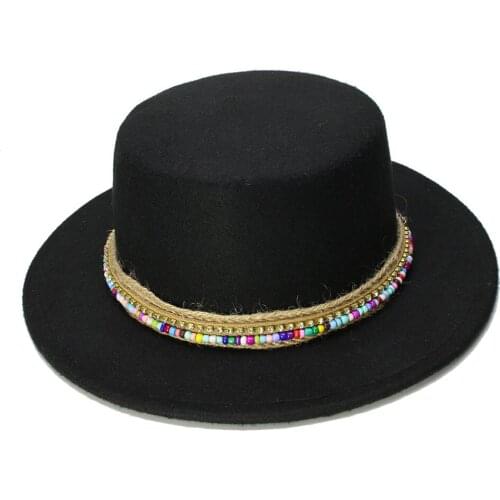 LUCKYLIANJI Women Men Vintage 100% Wool Wide Brim Cap Pork Pie Porkpie Bowler Hat Bead Knit Leather Band (57cm/Adjusted)