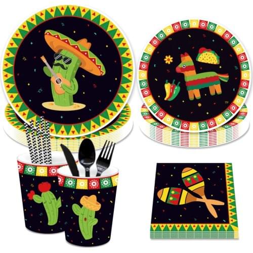 Mexico Cinco de Mayo Disposable Tableware Party Decorations Sets Carton Cactus Plates Napkin Cups Mexican Party Favors Supplies