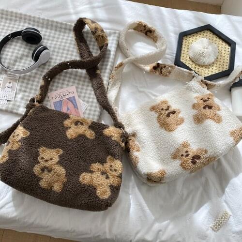 Fashion Cute Bear Printed Lamb Fleece Shoulder Bags for Women 2020 Portable Large Capacity Messenger Bags Commuter Totes