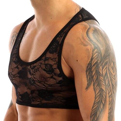 Mens Sissy See Through Sheer Lingerie Nightwear Sexy Vest Top Stretchy Floral Lace Short Vest Crop Tops Valentines Sleepwear