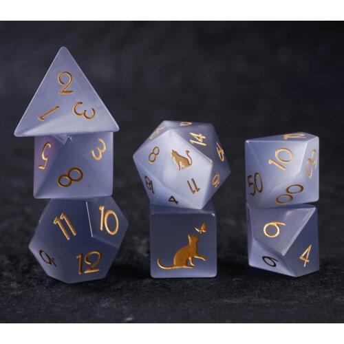 Gray Cats Eye Stone Dice Set Handmade Engrave Kitten Paw Dice Geometry Polyhedral Dice D20 D12 DND RPG COC Borad Games Dice Gift