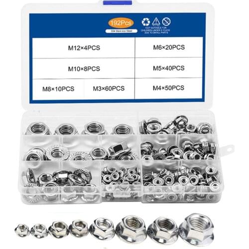 192PCS/Box DIN6923 Hexagon Flange Nuts Assortment Kit M3 M4 M5 M6 M8 M10 M12 304 Stainless Steel Metric Flange Nuts Set