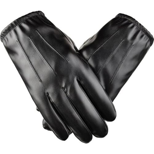 Mens Black Gloves Male PU Leather Winter Warm Gloves Motorcycle Full Fingers Touch Screen Outdoor Driving Warm Glove Mittens