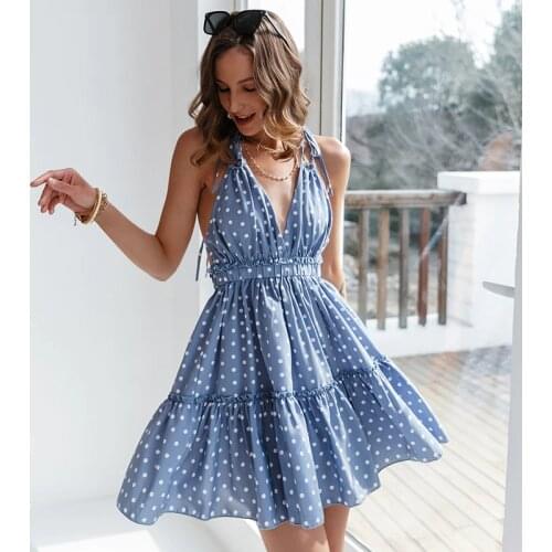 Spaghetti Strap Sexy Dress For Women Summer Beach Sundress Blue V-neck Polka Dot Women Party Dresses Backless High Waist Vestido