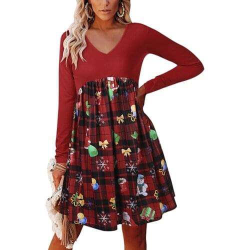 Christmas Womens Autumn Long-sleeved Dress Fashion Christmas Print V-neck High Waist Stitching A-line Dress Xmas Evening Vestido