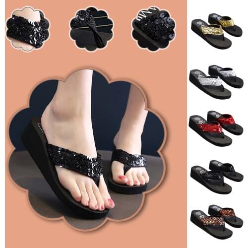 2021 New Slippers Women Summer Wedge Heel Flip Flops Sequin Slippers Beach Home Bathroom Non-Slip Flat Slippers шлепки женские