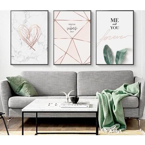 Nordic Modern Green Leaves Canvas Painting Abstract Heart Marble Geometric Letter Poster Wall Pictures Living Room Decoration