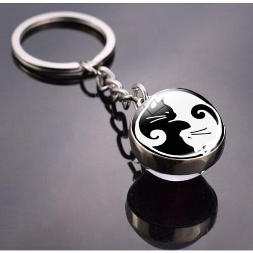 Luminous Yin Yang Keychain Yin Yang Cat Glass Cabochon Pendant Keychain Double Side Keyring Yin Yang Double Glass Ball Keychain