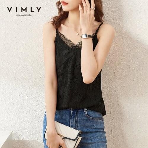 VIMLY Lace Camisole Womens Vest 2021 Summer New Soild Tank Top Korean V Neck Sleeveless Slim Ladies Tops Female Clothing F7613