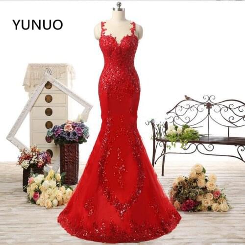 YUNUO Charming Real Long Red Mermaid Prom Dresses Sweetheart See Through Back Robe De Soiree Wedding Party Dress S7040802