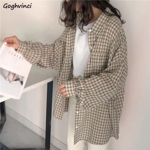 Blouses Shirts Women Plaid Lantern Sleeve Oversize Plus Size 3XL Thin Fashion Single Breasted Outwear Sun-protect Leisure Chic