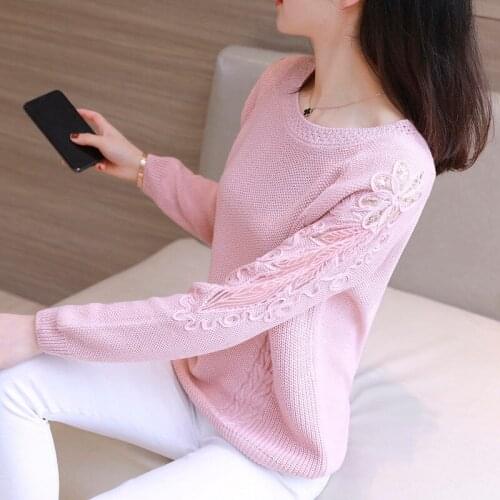 Spring And Autumn Korean Style Loose Ladies Lace Stitching Sweater Fashion Round Neck Solid Thread Long-Sleeved Wild Pullover