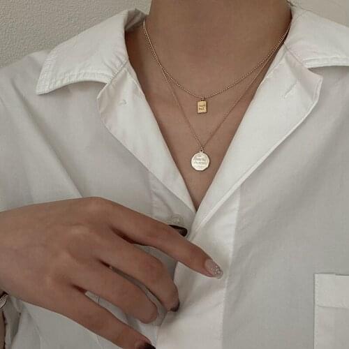 VSnow Simple Double Layer Circle Square Geometric Pendant Necklace for Women Femme Textured Letter Gold Beaded Necklace Jewelry