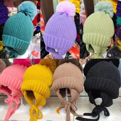 New Winter Child Wool Warm Hat Fur pom pom Striped Beanies With Tail Kid Girl Lovable knitted hat Ski hat for 1-4 years