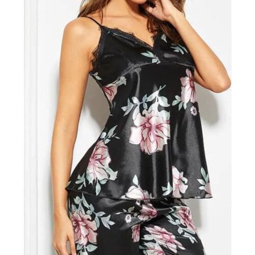 2 Piece /set Womens Pajama Set Sexy Satin Lace V-Neck Pyjamas Loungewear Sleepwear Sleeveless Cute Cami Top And Pants