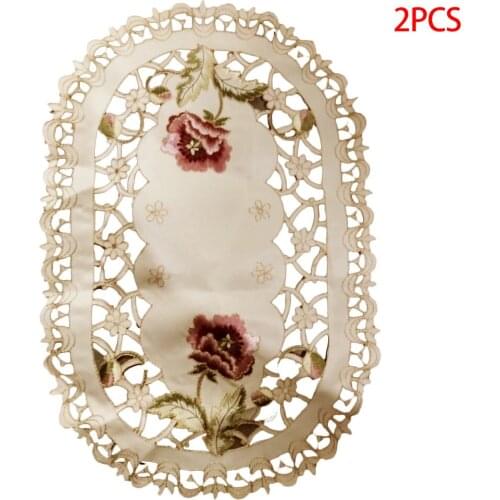 2 Pieces Simple Design Table Runner Flag Shaped Embroidered Polyester Coffee Tea Desk Tablecloth Placemat Decor