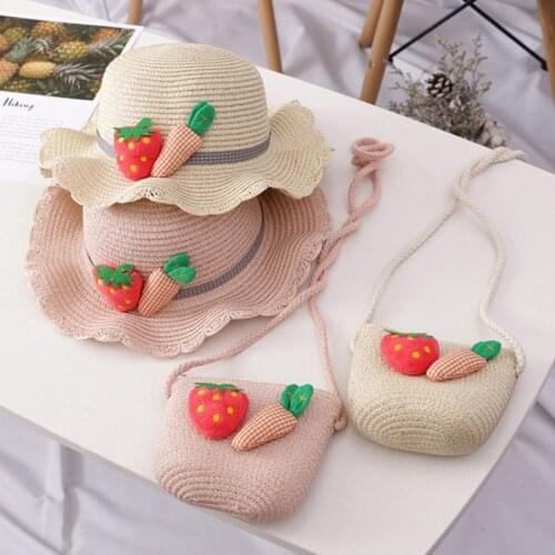 2020 Summer Cap Sweet Girl Hat Breathable Straw Sun Hats Colorful Ball Princess Hat Seaside Bag Kids Hats 2-6Y