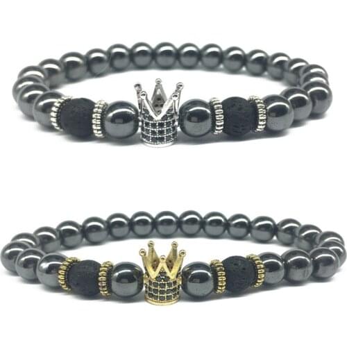 8mm Black Lava Stone Bracelets For Men Crown Natural Stone Yoga Beads Bracelet Gift High Quality