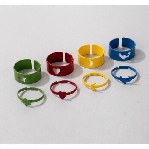8 Pc / Set Candy Color Lovely Five Pointed Star Butterfly Moon Hollow Out Ring Romantic Couple Ring Girl Jewelry Christmas Gift