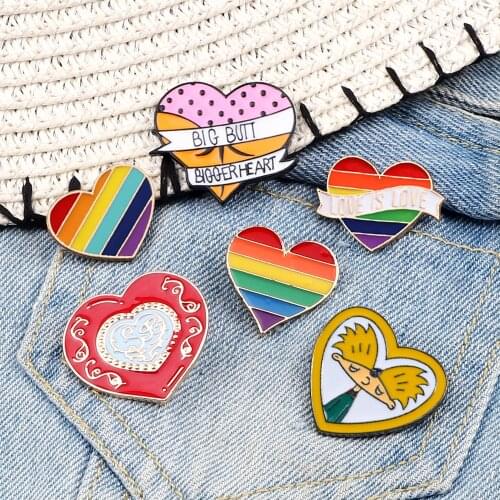 Heart Lapel Enamel Pins Arnold Comic Boy BIGGER HEART Brooches Pride LGBT Pins Badge Love Is Love Rainbow Jewelry For Women Men