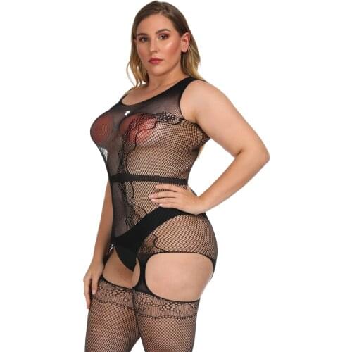 Plus size Halter Bodystocking Fat Model girls Transparent Sexy Lingerie underwear Open Crotch Stockings comfort fishnet Bodysuit