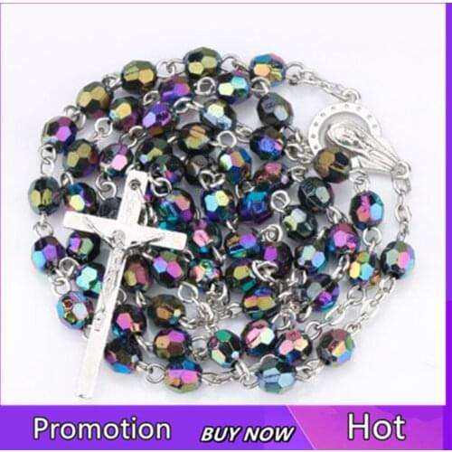 Colorful Round Bead Rosary Pendant Alloy Cross Virgin Mary Centrepieces Necklace Christian Catholic Religious Jewelry
