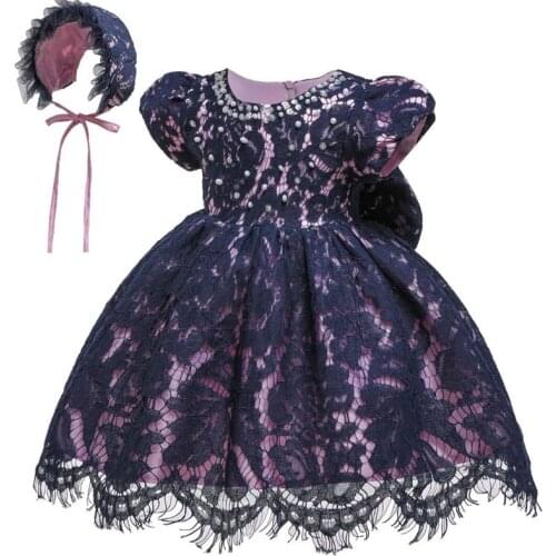 Infant girl lace princess dress baby full moon 1 year baptism dress childrens photography short sleeve kids dress + hat