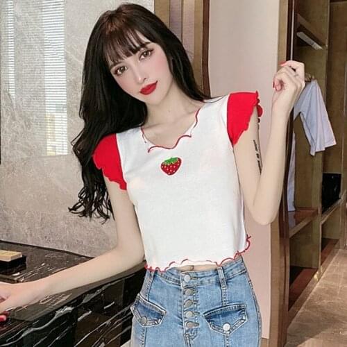 Sweet Girl Strawberry Pattern Tee Top Girls Fashion V-neck Wavy Edge Sleeve T-shirt Fashion Cute Short Sleeve T Shirt