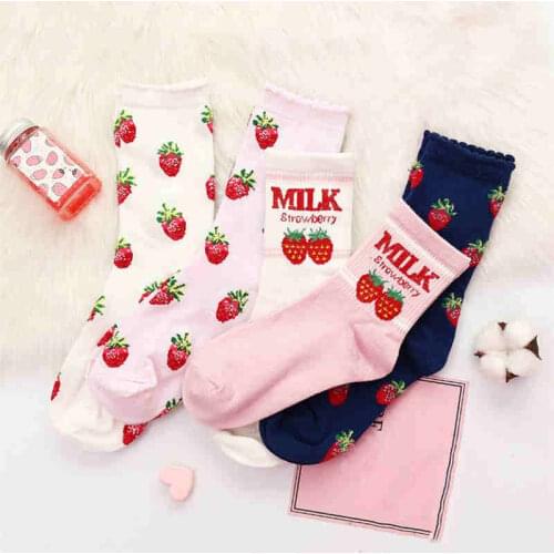 Jeseca Strawberry Print Japanese Kawaii Girls Sweet Socks Korean Fashion Women Harajuku Vintage Streetwear Sock for Ladies Gifts
