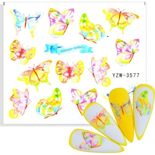1pcs Yellow Butterfly Nail Decals and Stickers Flower Blue Colorful Water Tattoo for Nails Manicures Nail Art Slider Decorations