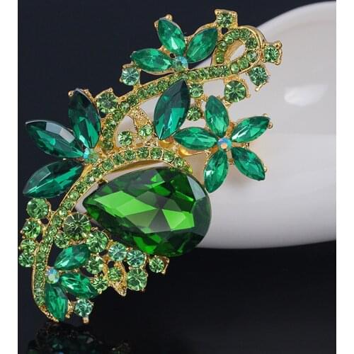 Luxury Bridal Rose Brooch Green Emerald Rhinestone Wedding Bouquet Women Jewelry