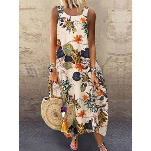 Ethnic National Printed Botanical Floral Dress Beach Wear Vestidos Plus Size Women Bohemian Holiday Sleevelss Maxi Long Dresses