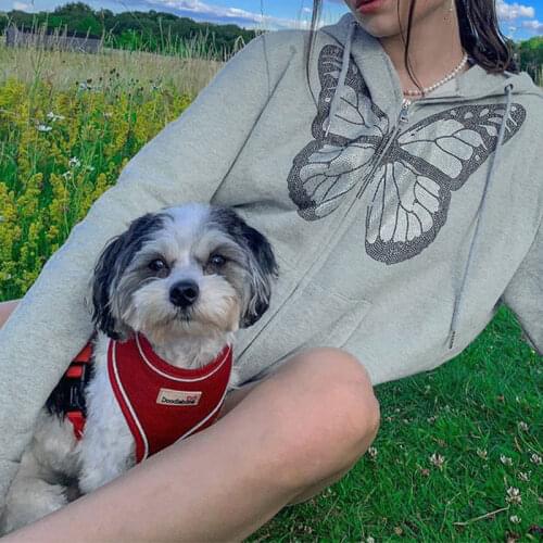 Y2K Fashion Oversized Butterfly Graphic Rhinestone Zip Up Hoodies E-girl 90s Streetwear Diamond Grey Long Jacket Autumn Hoodie