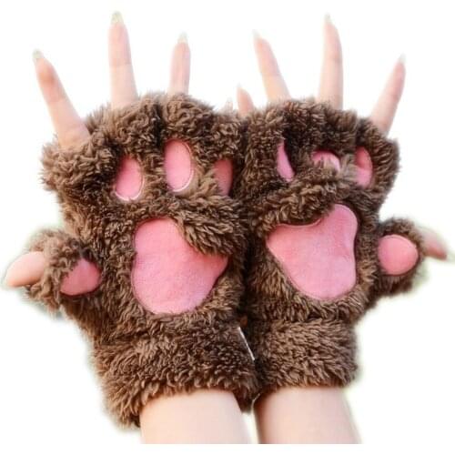 YRRETY New Women Cute Cat Claw Paw Plush Mittens Warm Soft Fingerless Fluffy Bear Gloves Half Finger Winter Wrist Stretch Gift