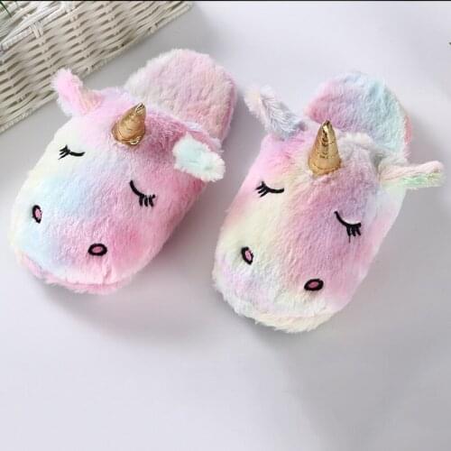 Rainbow Unicorn Warm Women Slippers Cute Cartoon Casual Warm House Shoes For Girls Ladies Plush Slides Furry Casual Flip Flops