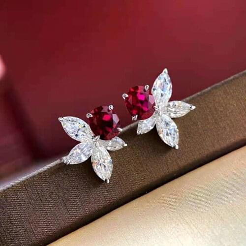 100% 925 Sterling Silver 1.2 Carat Ruby Diamond Stud Earrings For Women Sparkling Simulated Pigeon Blood Egg Earrings Jewelry