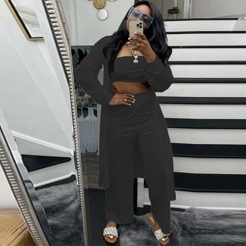 2021 New Spring Summer 3 Piece Outfits Women Strapless Crop Top+wide Leg Trousers+long Sleeve Coat Fashionable Female Clothes